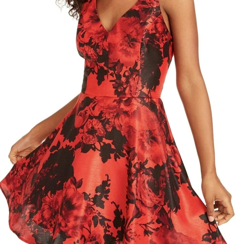 Junior's Size 9 Red Black Floral Dress | Fit & Flare Mini | Cut-Out Back Detail